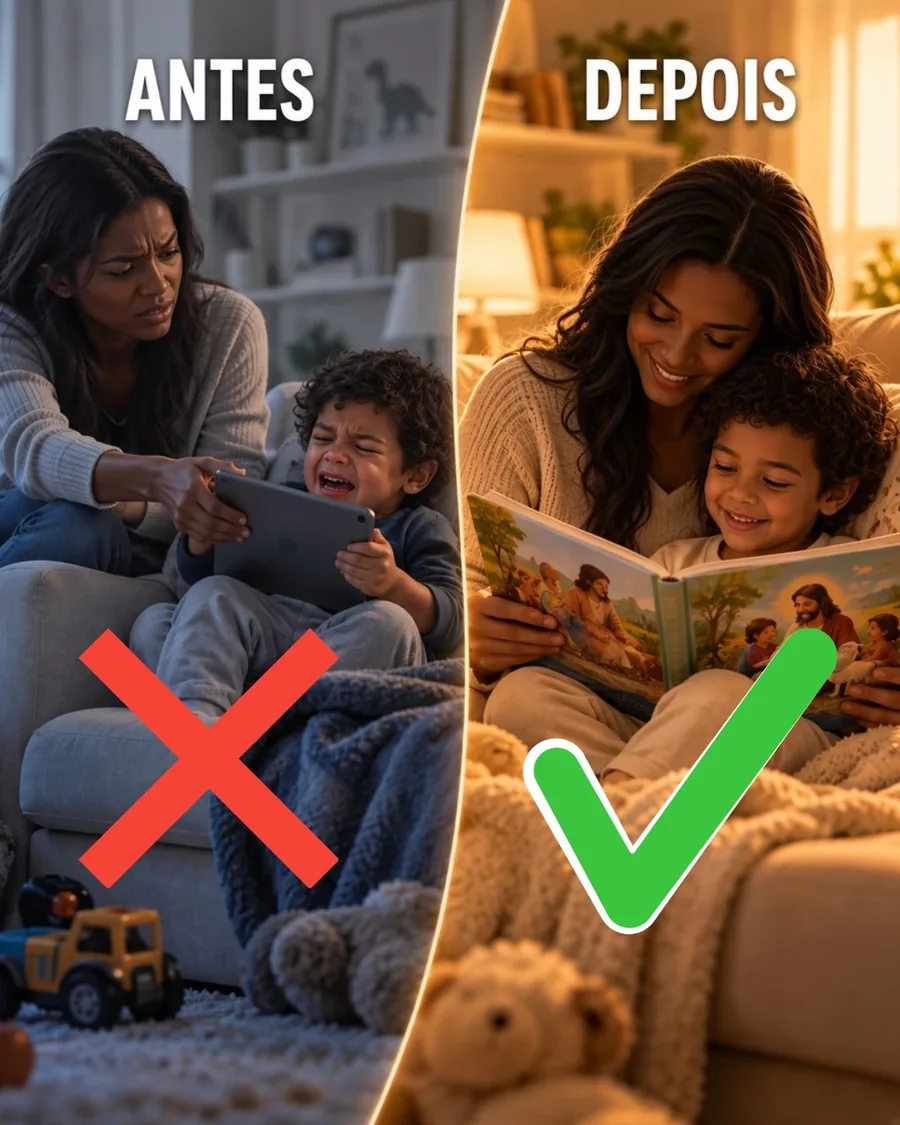 Antes e depois: à esquerda, uma mãe tenta tirar o tablet de um filho chorando; à direita, a mesma mãe sorri lendo uma história bíblica com o filho no colo, num quarto quente e aconchegante.